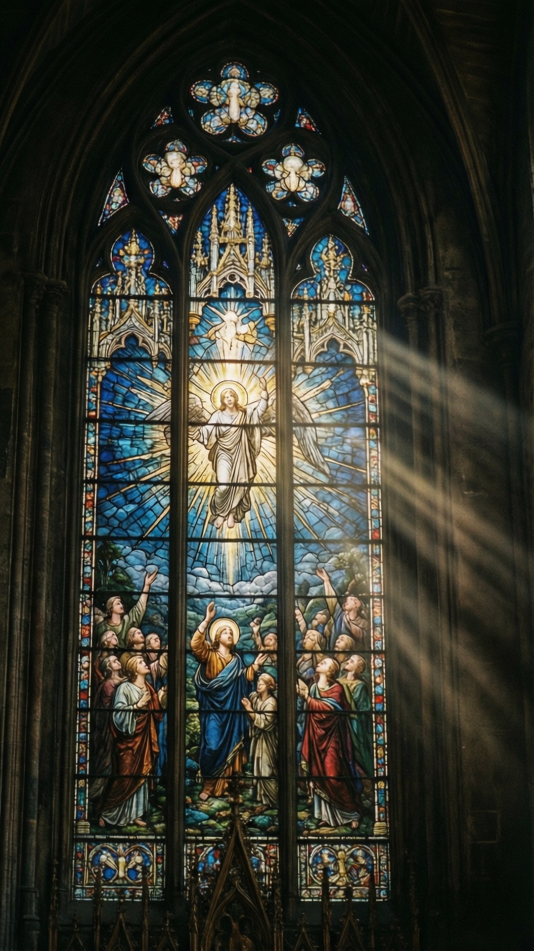 stained glass window, Gothic cathedral, radiant divine figure, Full HD Phone Wallpaper