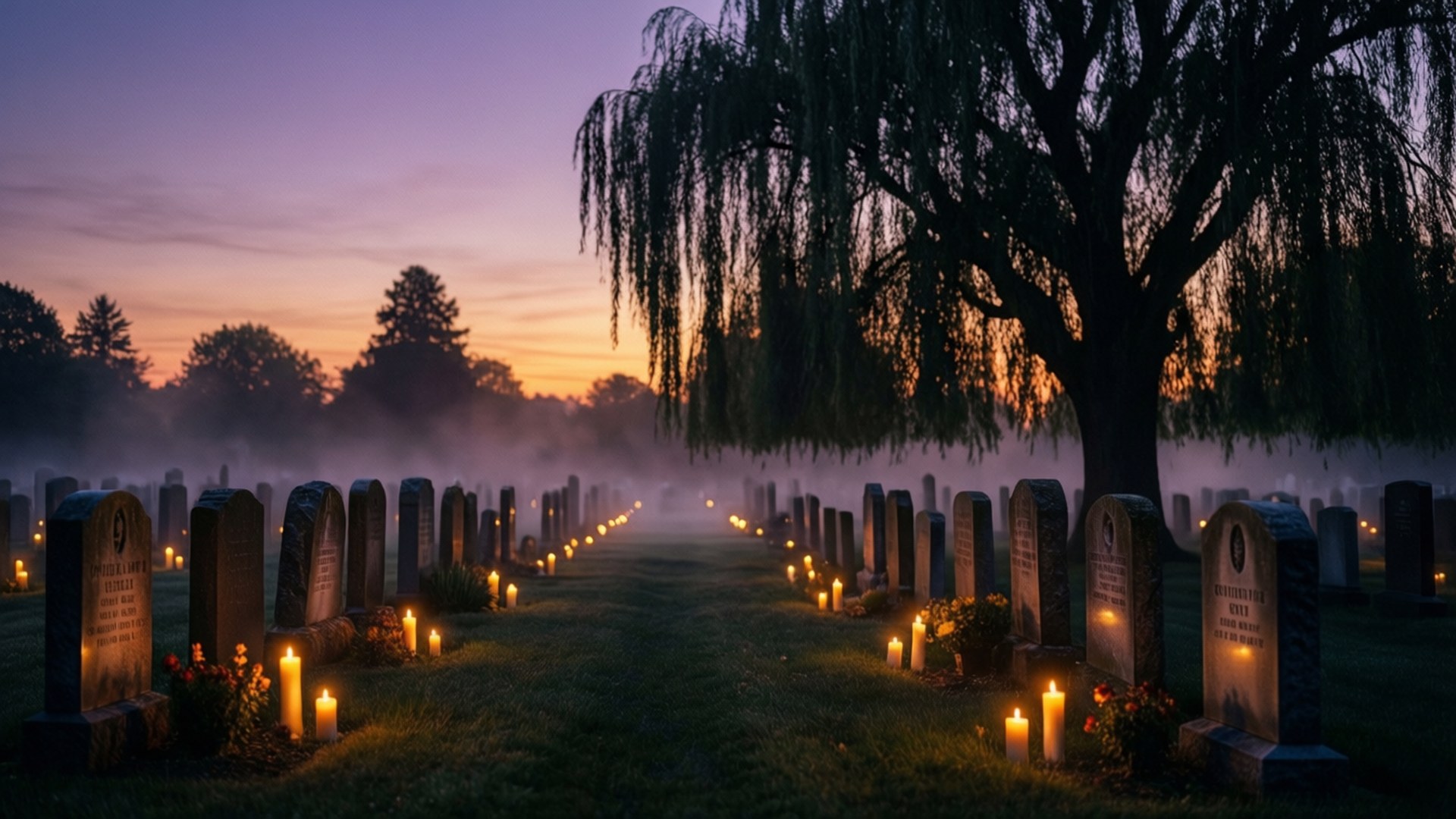candlelit cemetery, dusk, twilight sky, Full HD Desktop Wallpaper