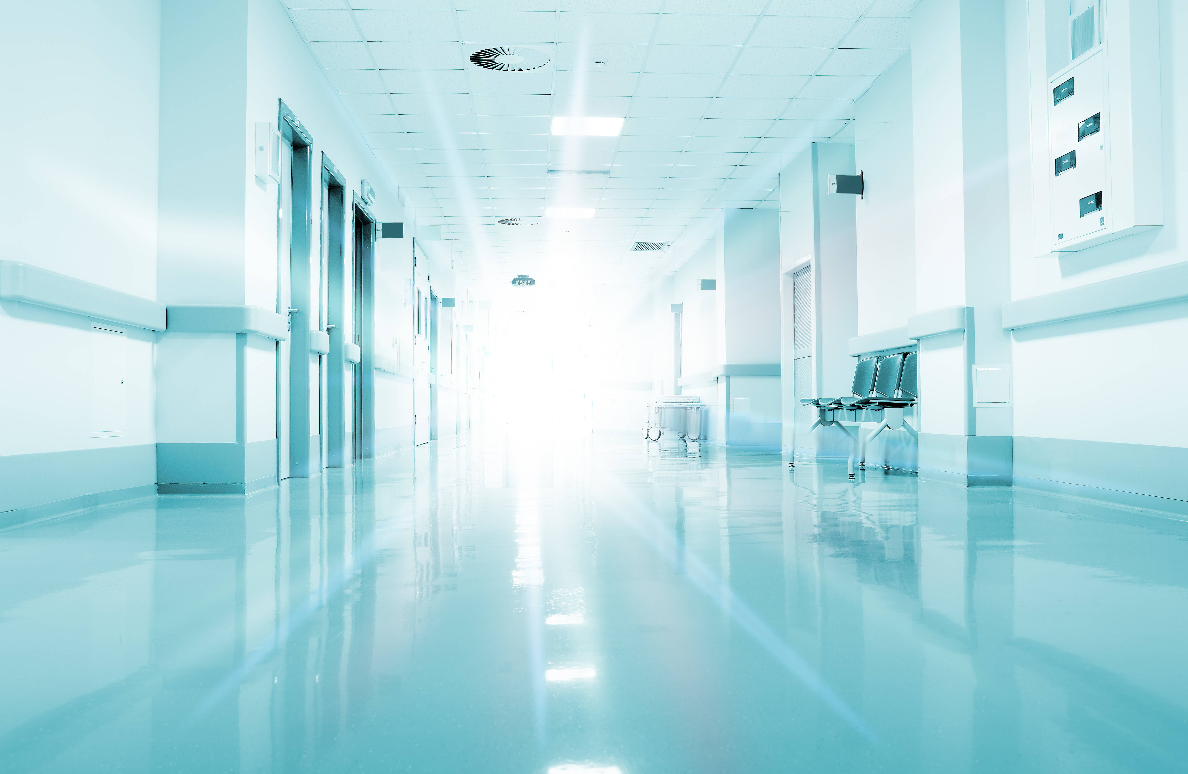 radiant white hospital hallway, cool blue light, reflective floors, 4K Desktop Wallpaper