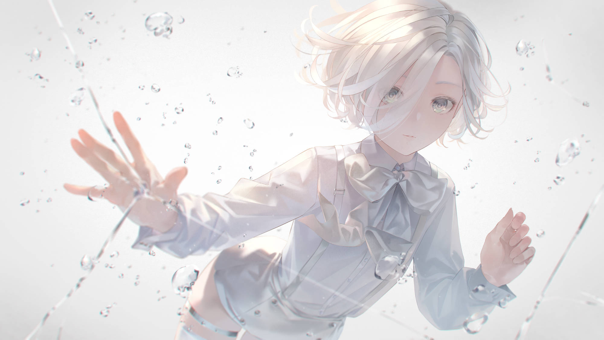 silver-haired anime girl, light blue blouse, sparkling water droplets, Full HD Desktop Wallpaper