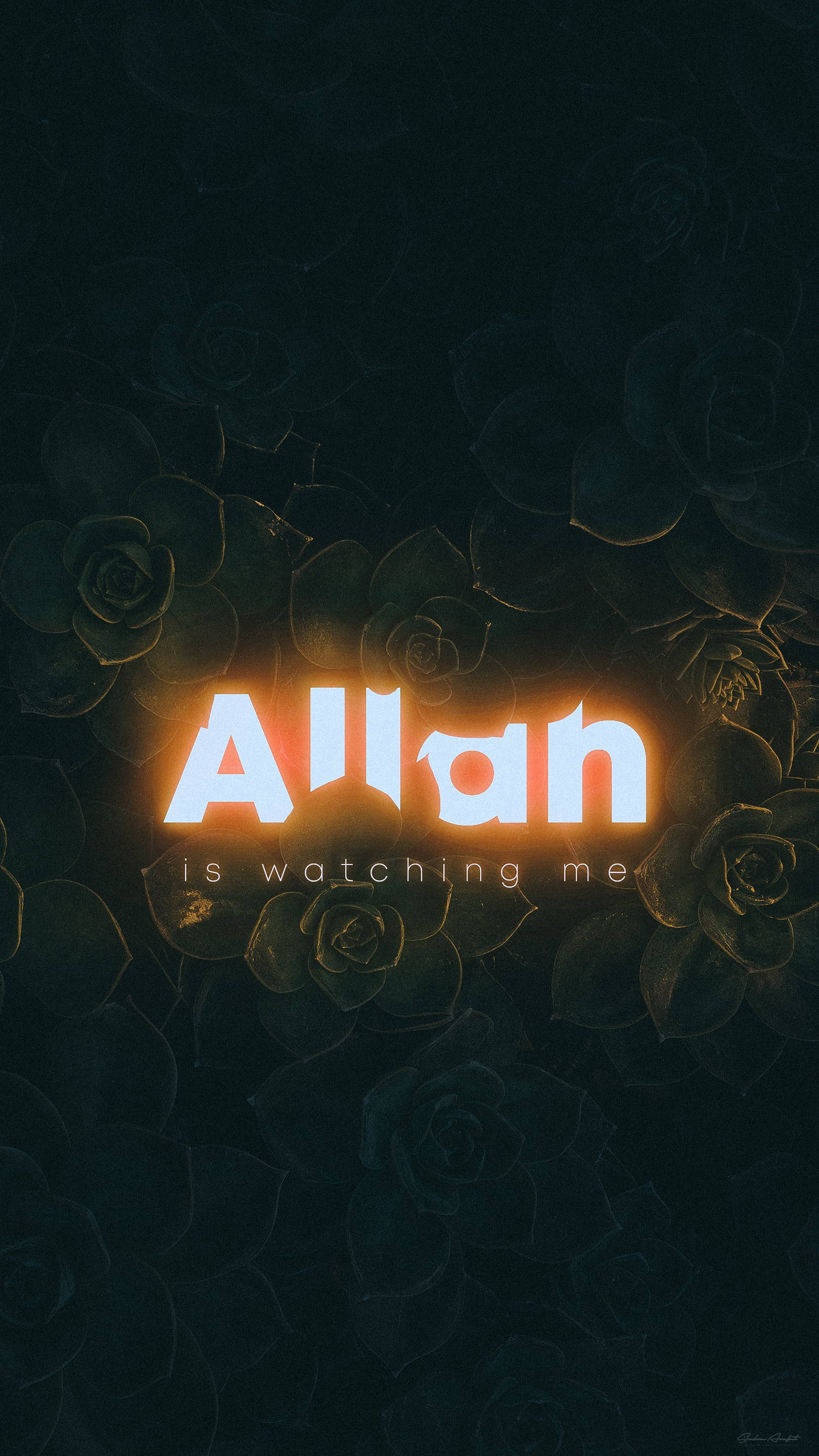 Allah is watching me, glowing text, dark background, 2K Phone Wallpaper