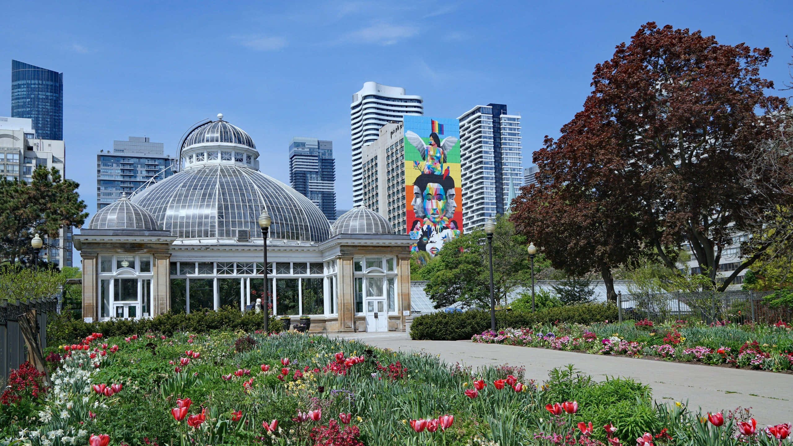 Allan Gardens Conservatory, tulip gardens, colorful mural, 2K Desktop Wallpaper