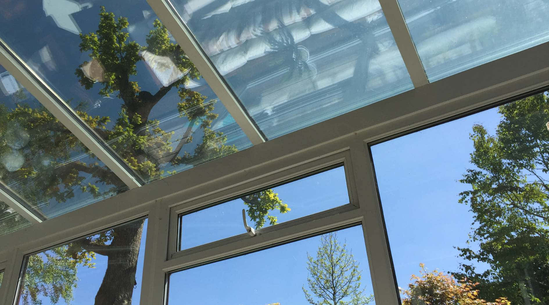 Allan Gardens Conservatory, glass ceiling, bright blue sky, HD Desktop Wallpaper