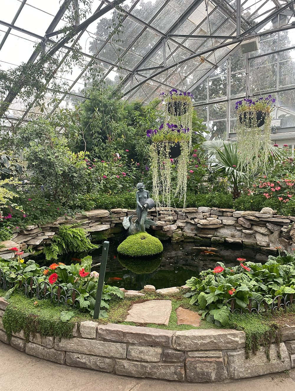 Allan Gardens Conservatory, indoor pond, stone walls, HD Phone Wallpaper
