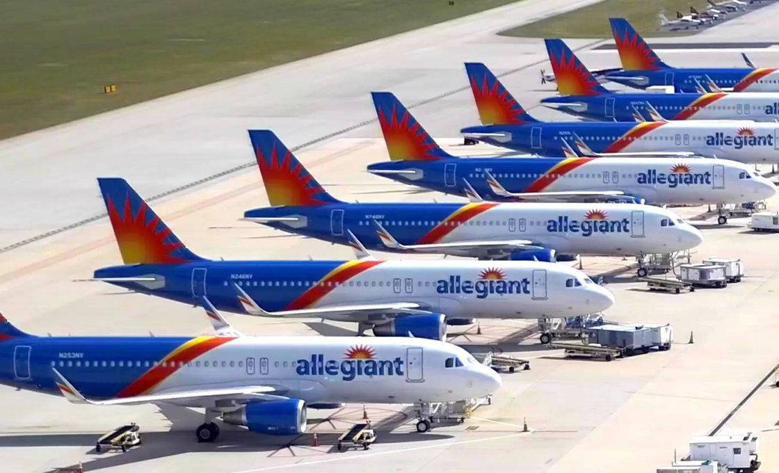 Allegiant Air, blue orange sunburst tails, sunny airport tarmac, SD Desktop Wallpaper
