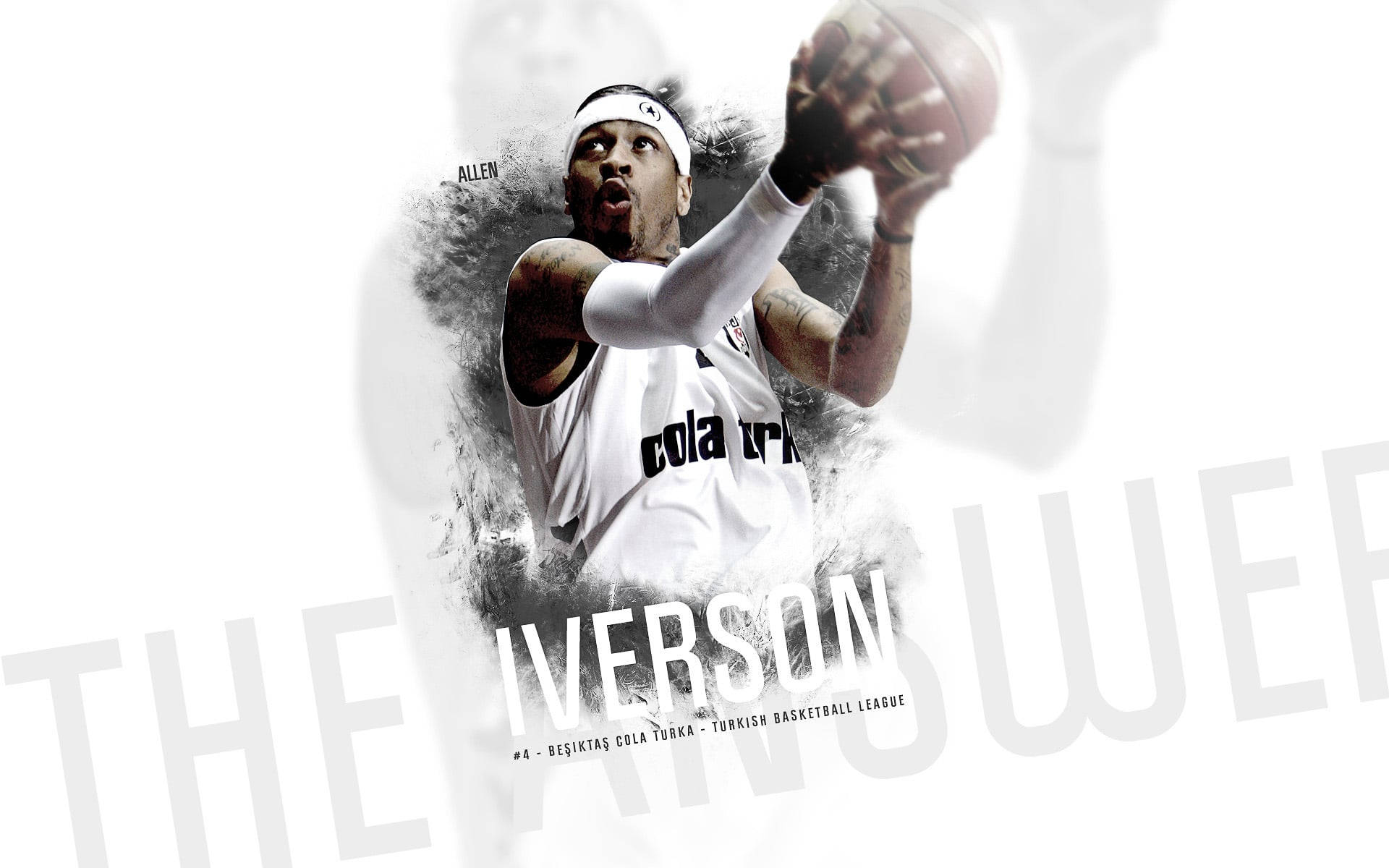 Allen Iverson, white graphic backdrop, mid-air dunking, Full HD Desktop Wallpaper