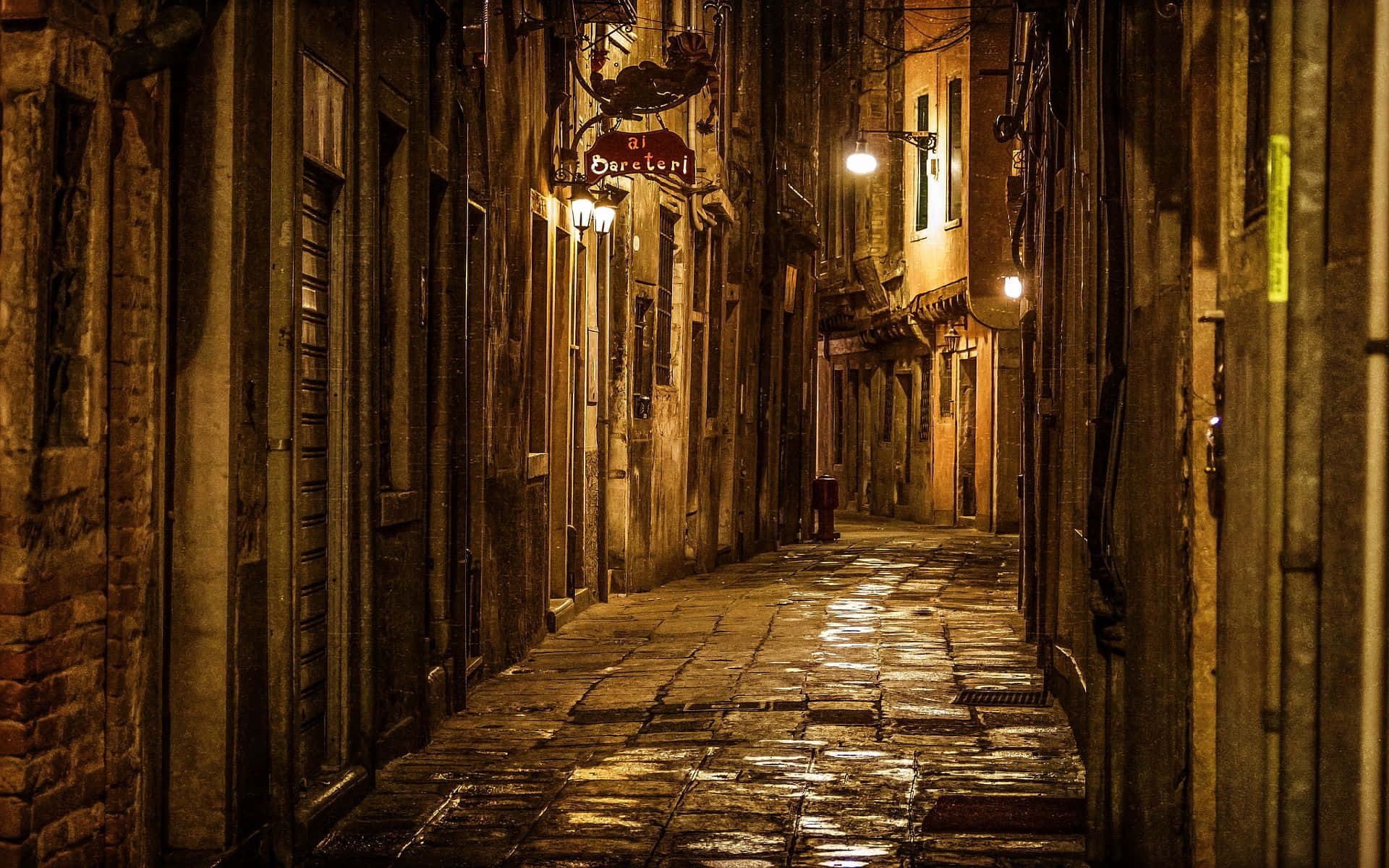 Venetian alley, concrete alleyway, warm streetlights, Full HD Desktop Wallpaper