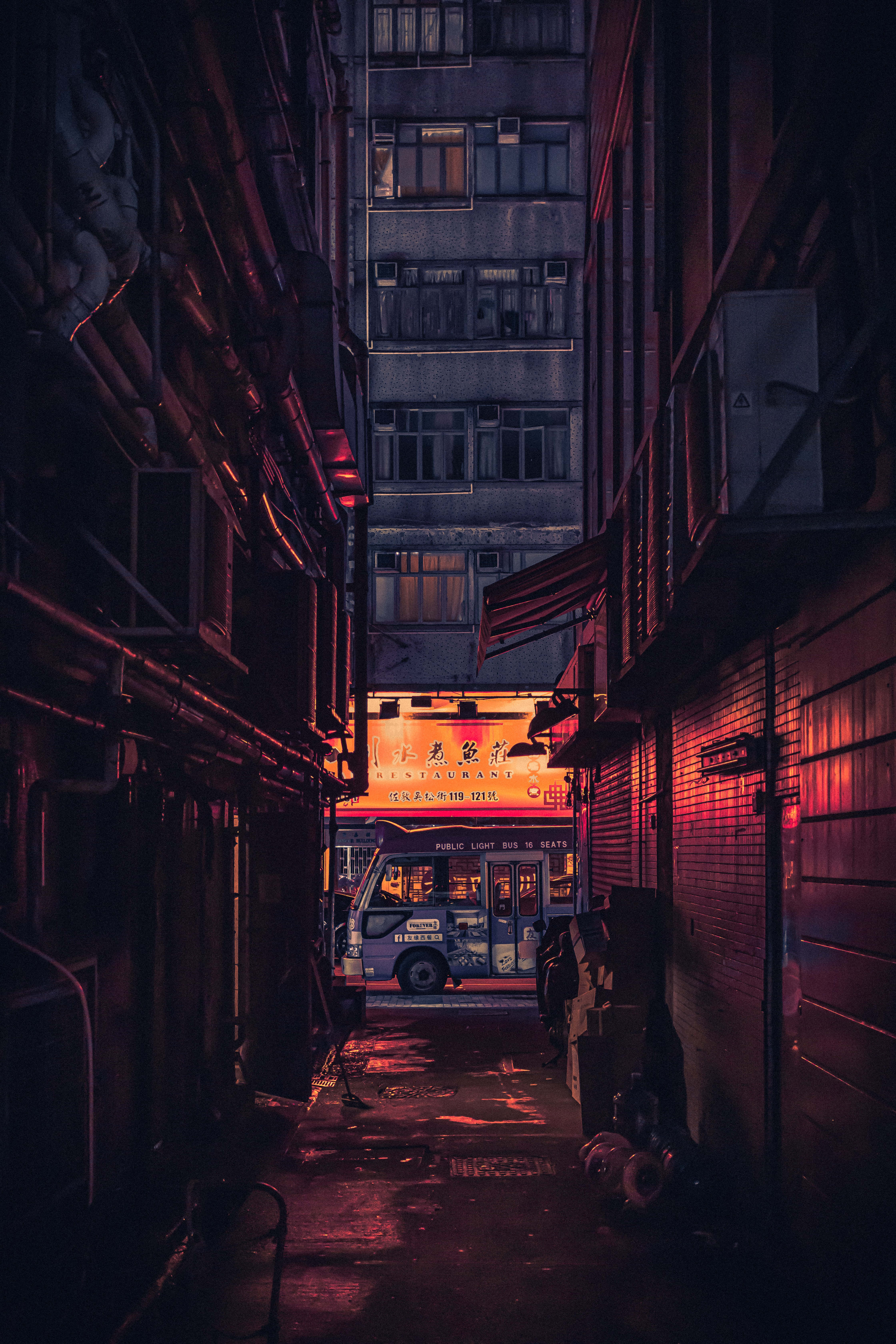 alleyway, neon light, red neon, 5K Phone Wallpaper