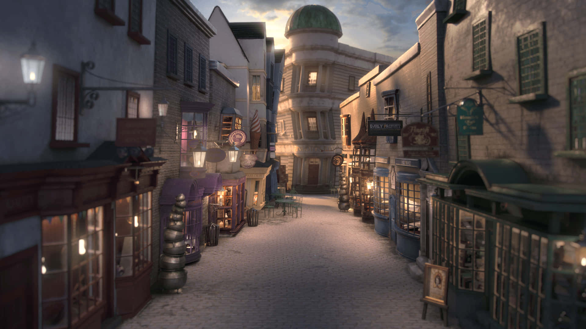 twilight alleyway, warmly lit shops, historic buildings, Full HD Desktop Wallpaper