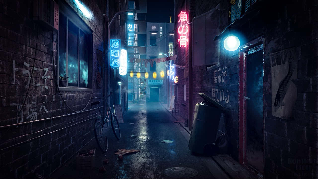 neon-lit alleyway, Japanese city, night, HD Desktop Wallpaper