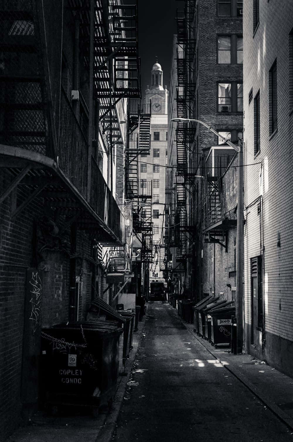 alleyway, brick buildings, fire escapes, HD Phone Wallpaper