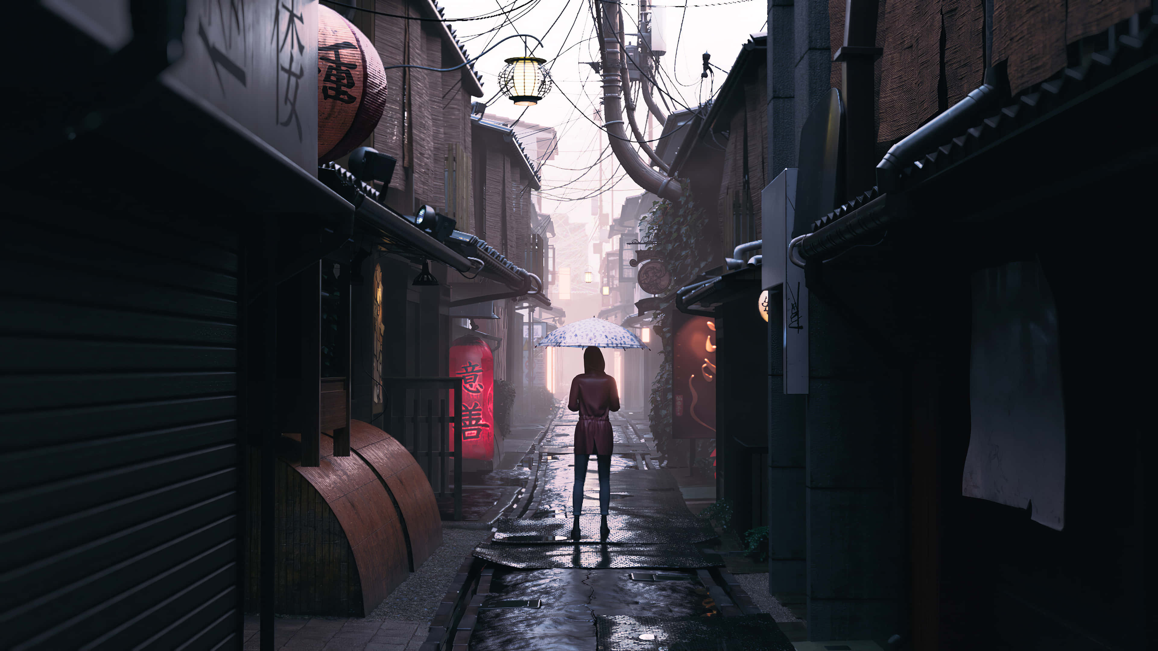 alleyway, narrow alley, traditional Japanese buildings, 4K Desktop Wallpaper