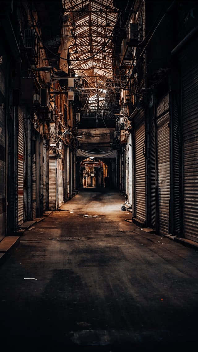 alleyway, urban alleyway, closed metal shutters, SD Phone Wallpaper