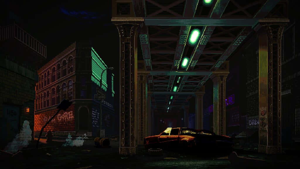 neon-lit urban alley, night, rusted bridge, SD Desktop Wallpaper