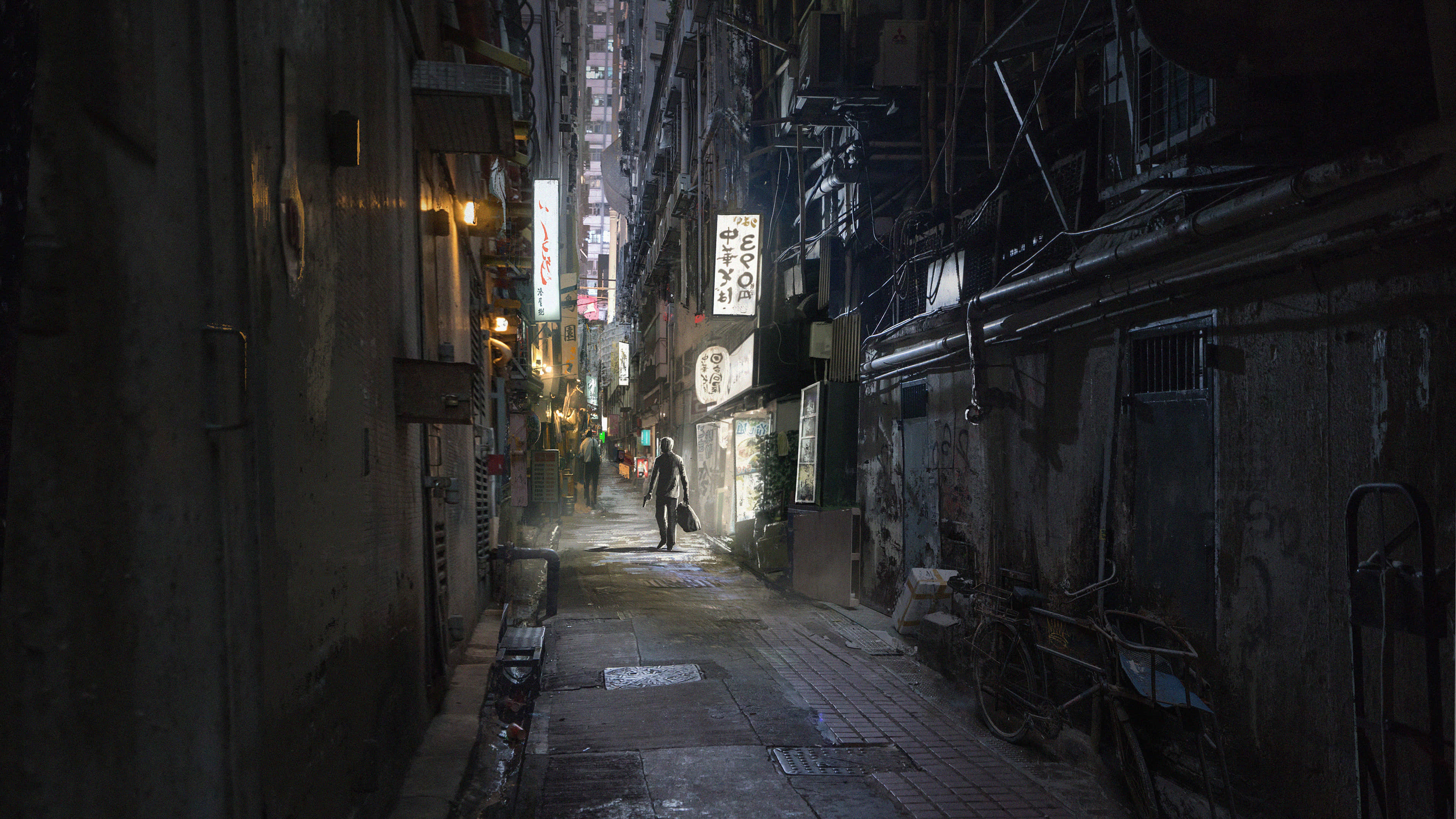 alleyway, night, rain-slicked, 4K Desktop Wallpaper