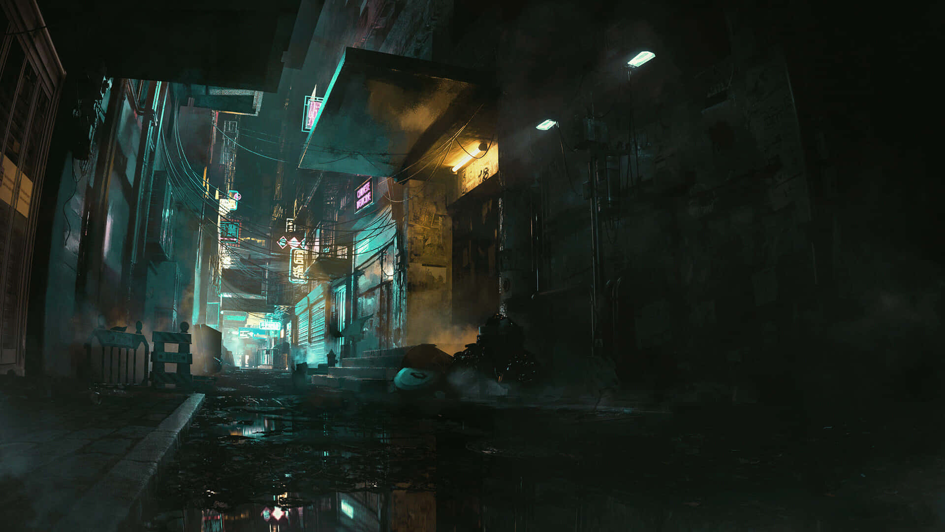 neon-lit alleyway, rain-slicked, glowing signs, Full HD Desktop Wallpaper