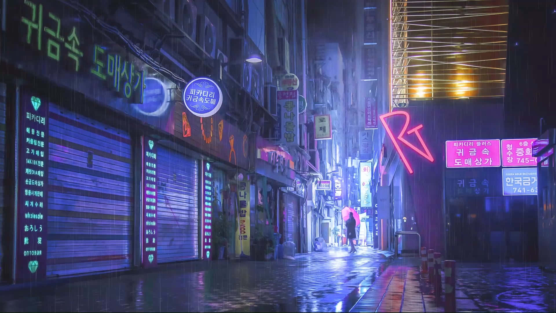 neon-lit alleyway, glowing signs, wet pavement, Full HD Desktop Wallpaper