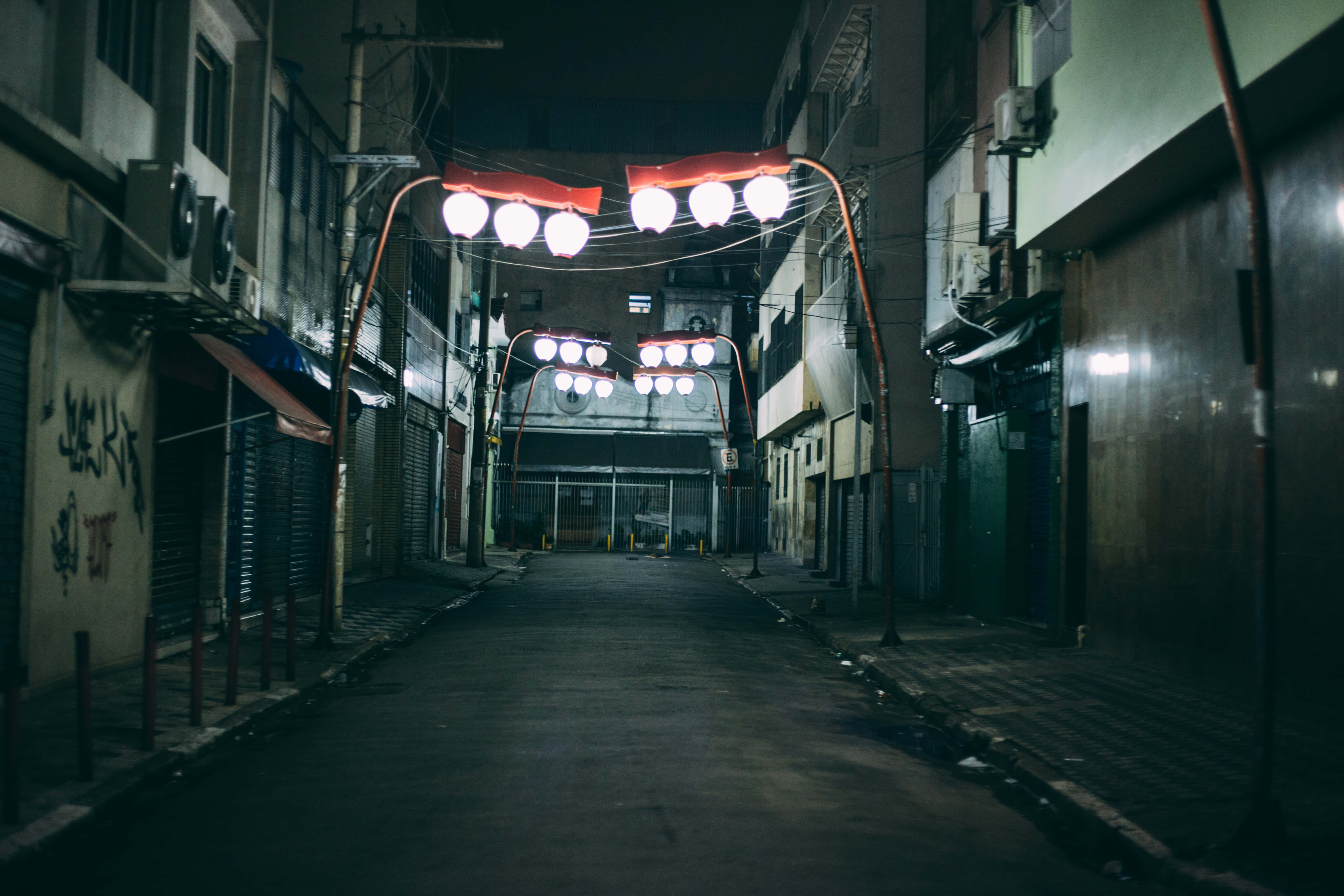 alleyway, night, glowing spherical lights, 5K Desktop Wallpaper