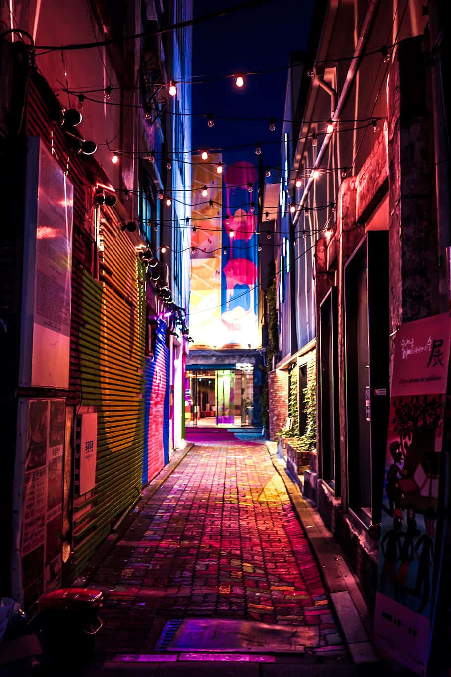 alleyway, neon lights, wet cobblestones, HD Phone Wallpaper