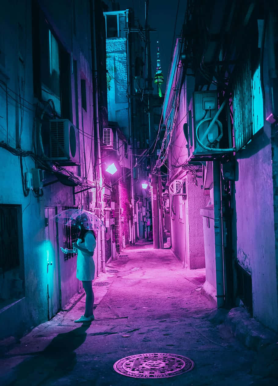 neon-drenched alley, electric pink and cyan light, lone figure, SD Phone Wallpaper