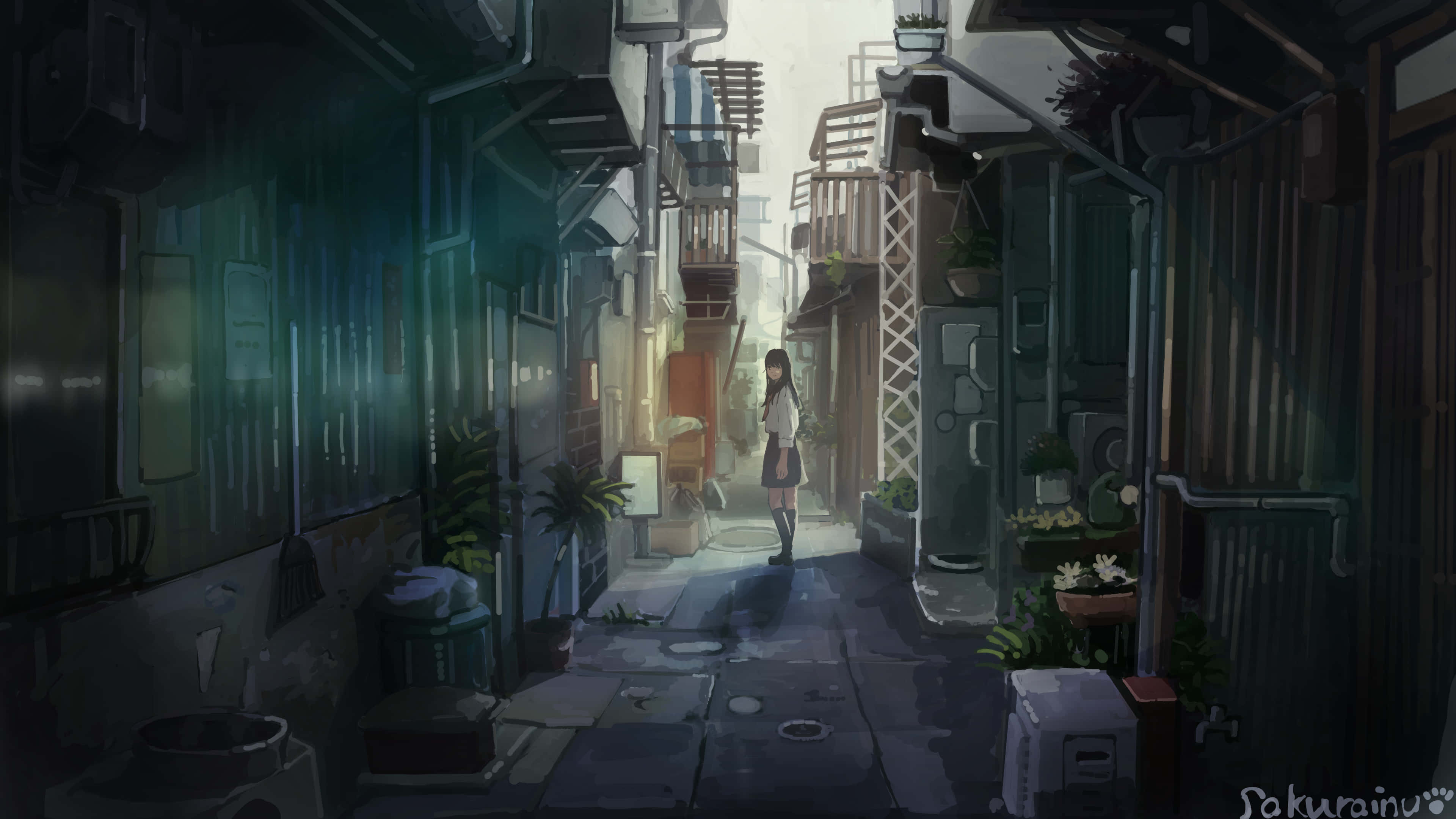 urban alleyway, narrow alleyway, misty alleyway, 4K Desktop Wallpaper