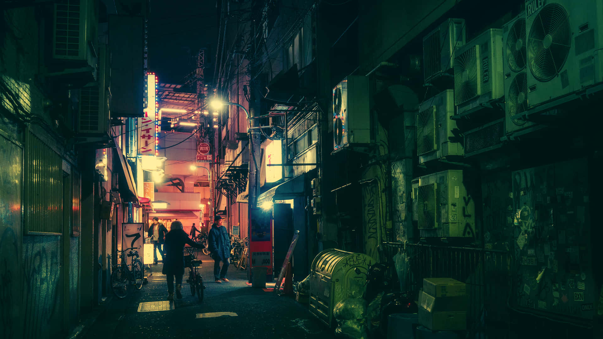 neon-lit alley, night, dense urban area, Full HD Desktop Wallpaper