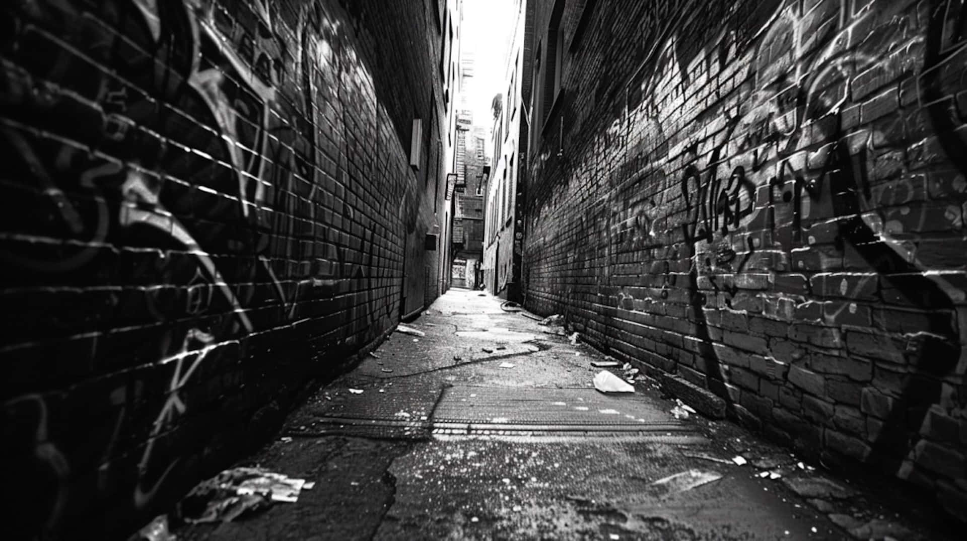 urban alley, graffiti, black and white, Full HD Desktop Wallpaper