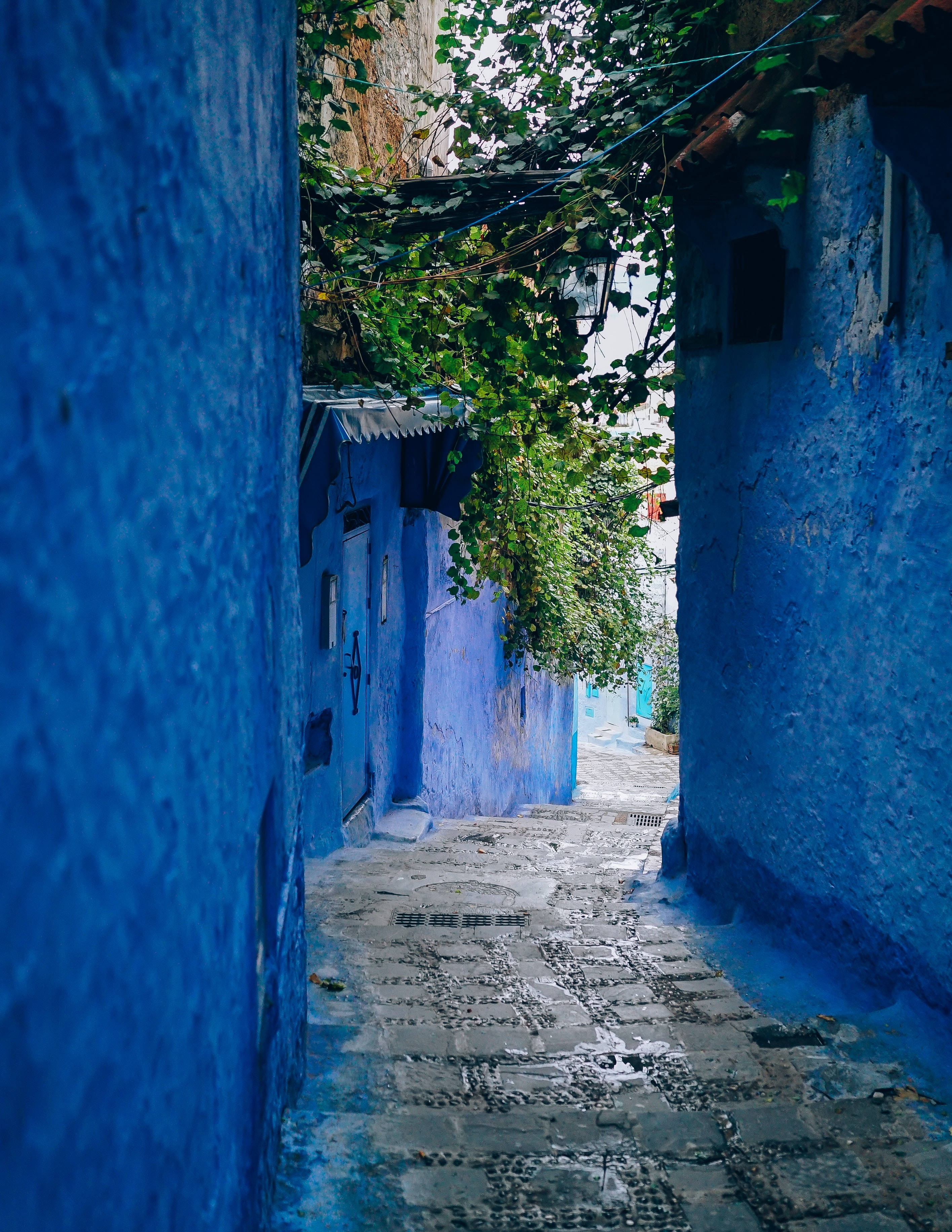 blue, cobblestone alleyway, vibrant blue textured walls, 2K Phone Wallpaper