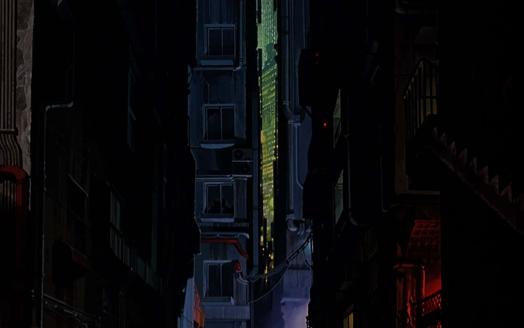 dark alleyway, night, towering buildings, HD Desktop Wallpaper