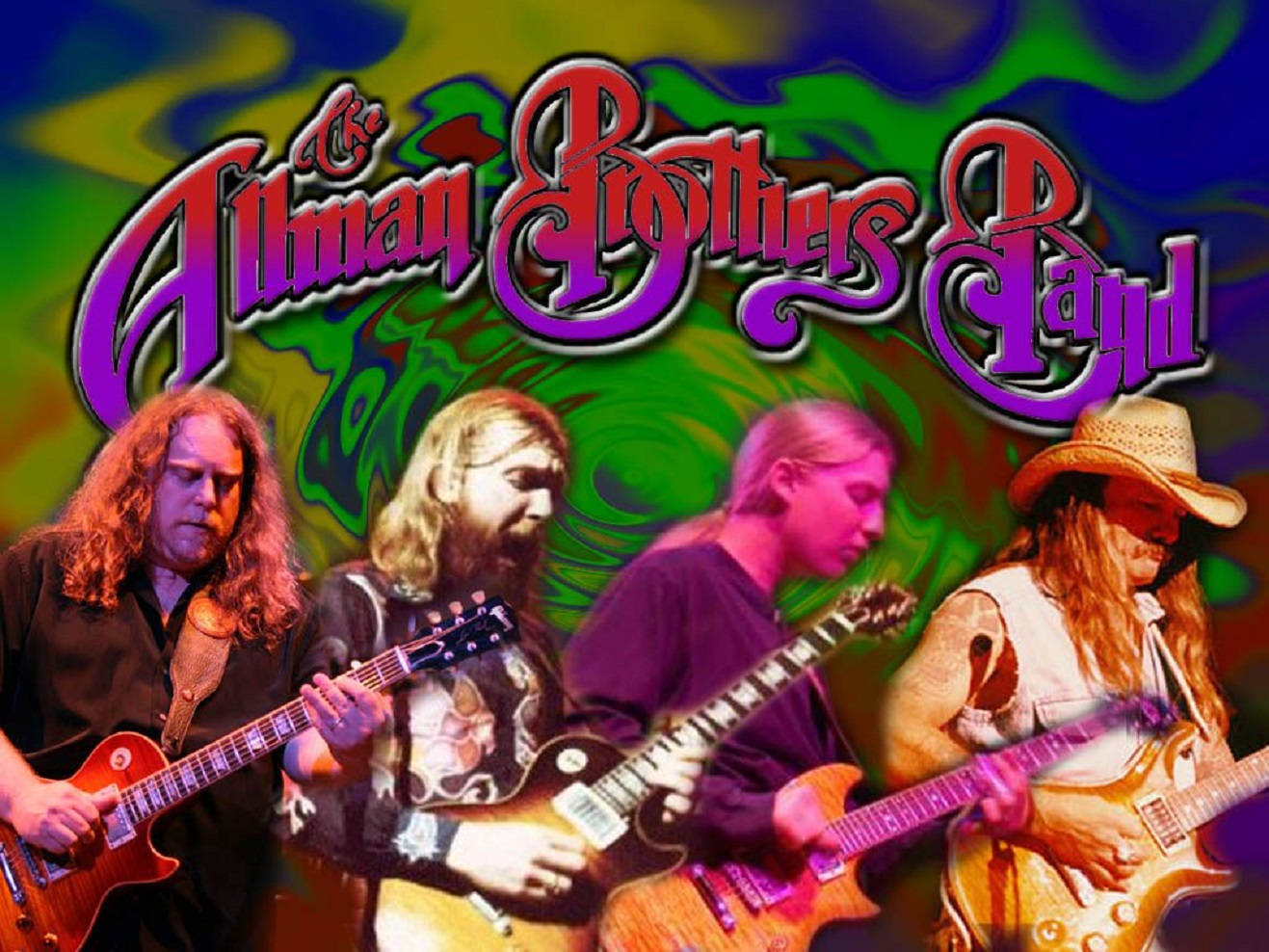 Allman Brothers Band, electric guitars, psychedelic swirling background, HD Desktop Wallpaper
