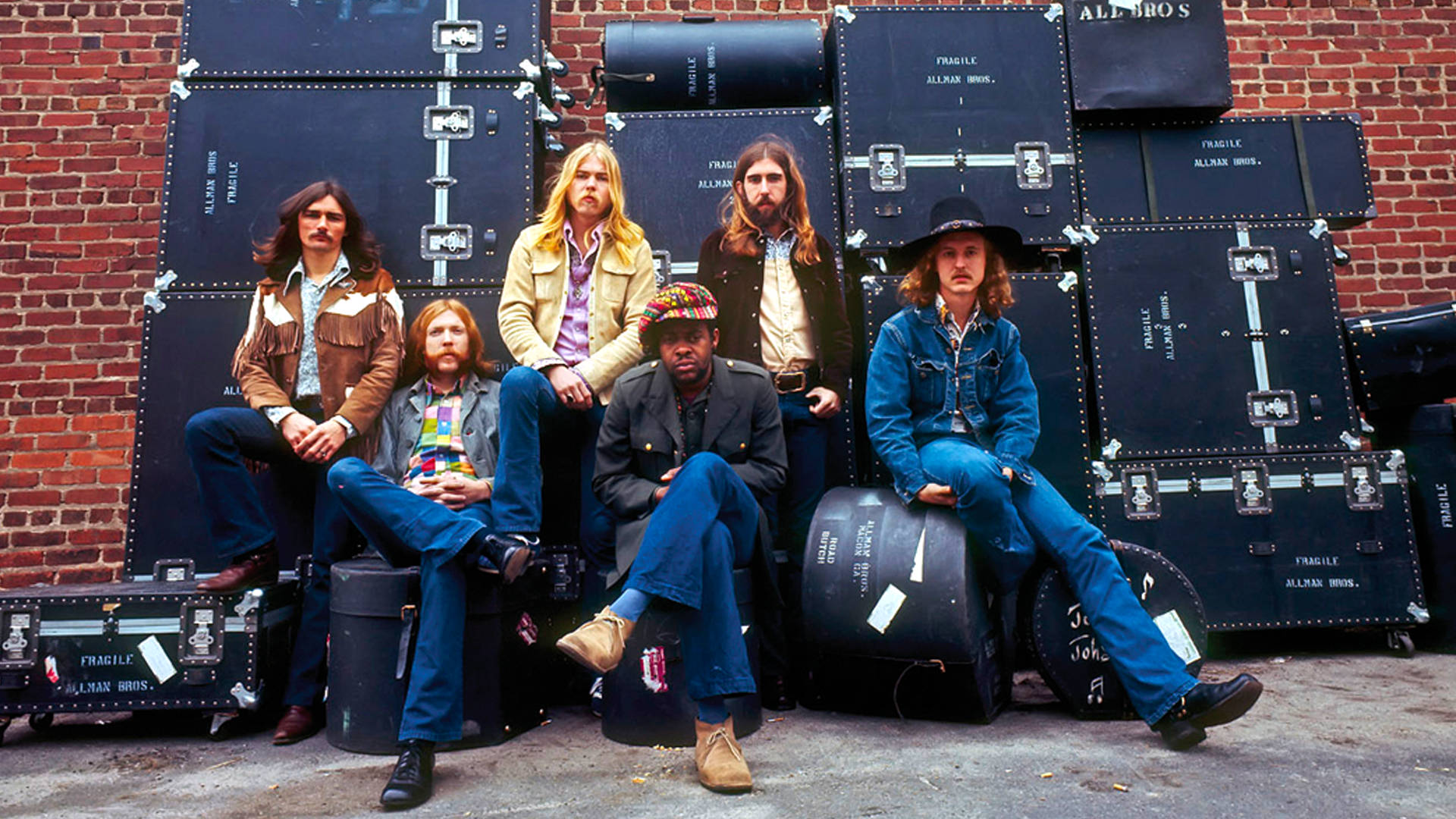 Allman Brothers Band, brick wall, black equipment cases, Full HD Desktop Wallpaper