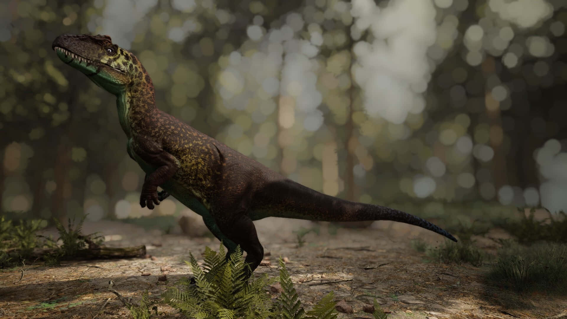 Allosaurus, forest clearing, sunlit, Full HD Desktop Wallpaper