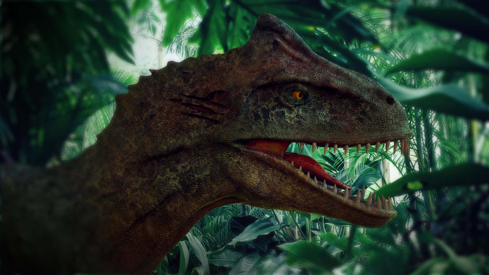 Allosaurus, dense jungle, brown theropod dinosaur, Full HD Desktop Wallpaper
