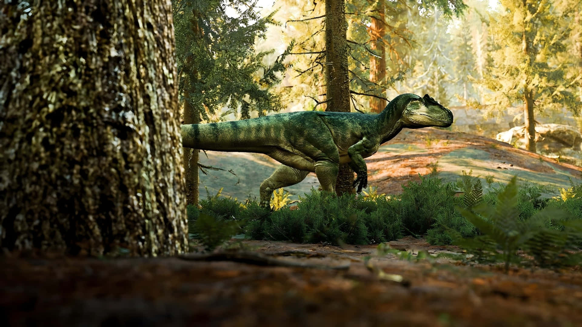 Allosaurus, forest habitat, sunlit forest, Full HD Desktop Wallpaper