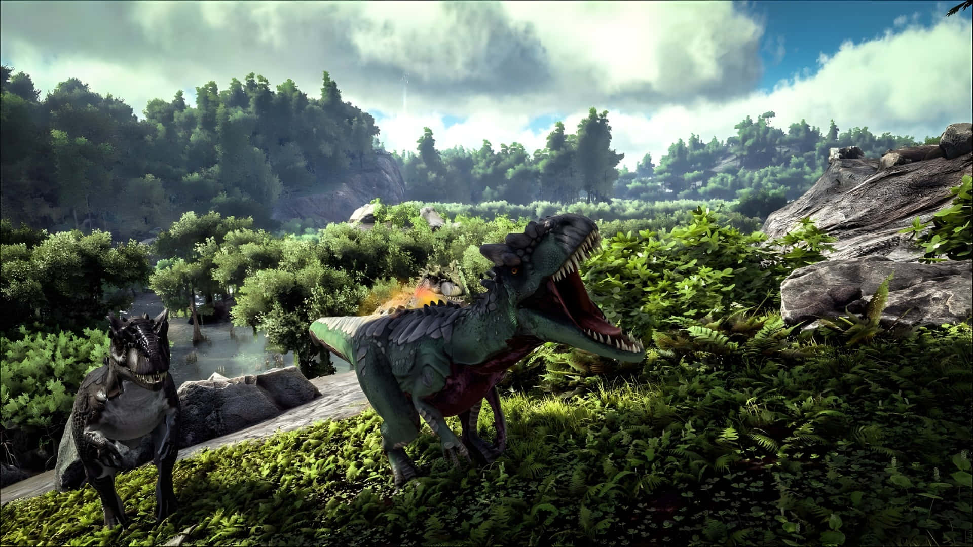 Allosaurus, lush prehistoric forest, green roaring dinosaur, Full HD Desktop Wallpaper