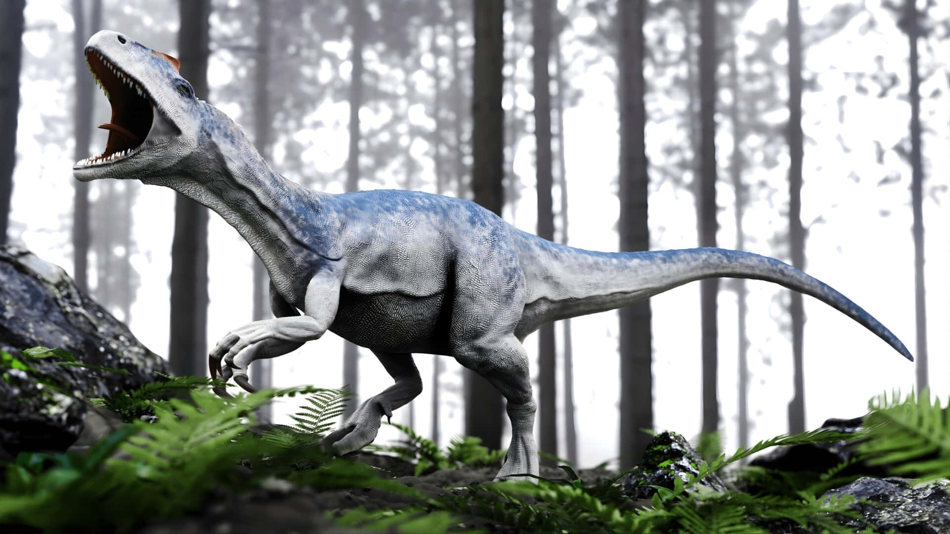 Allosaurus, forest habitat, blue and gray, Full HD Desktop Wallpaper