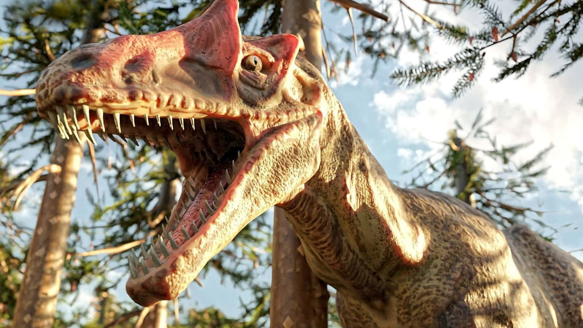 Allosaurus, forest habitat, tall trees, Full HD Desktop Wallpaper
