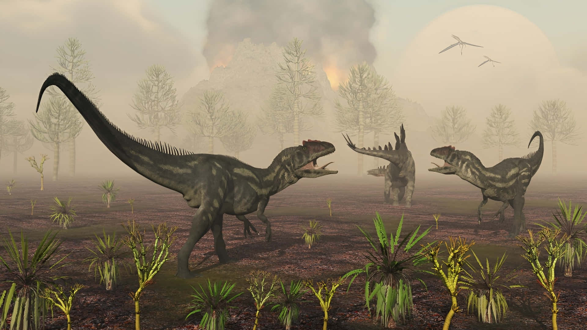 Allosaurus, prehistoric landscape, misty prehistoric forest, Full HD Desktop Wallpaper