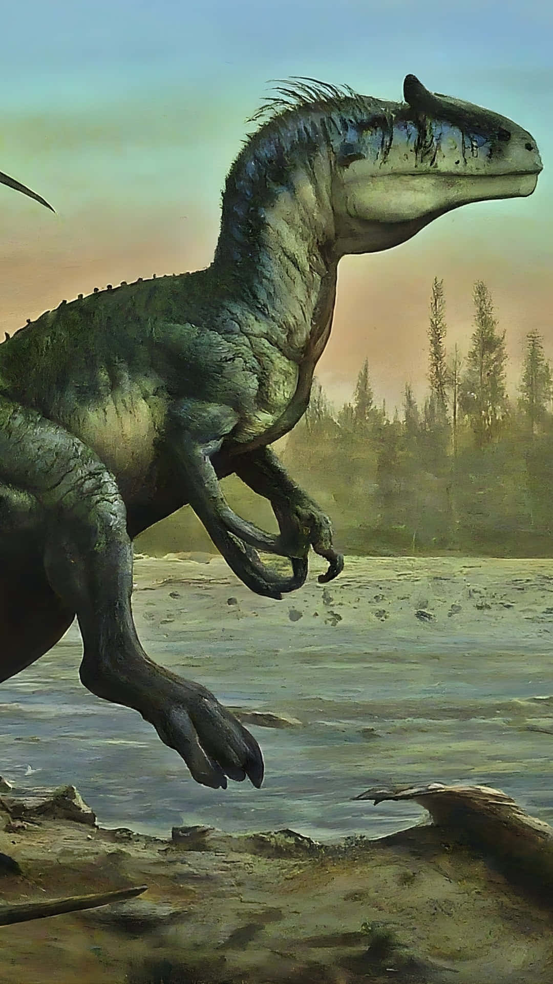 Allosaurus, feathered theropod dinosaur, mid-stride, Full HD Phone Wallpaper