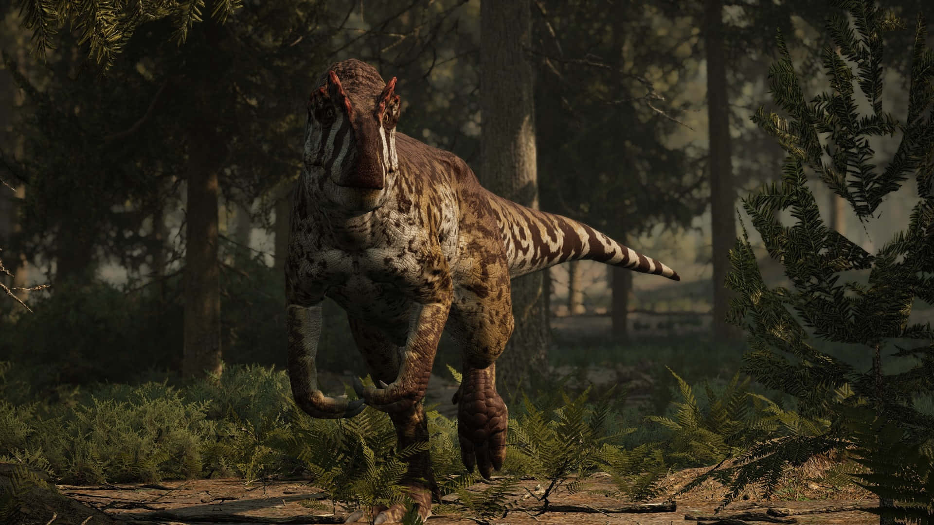 Allosaurus, dense forest, misty ancient forest, Full HD Desktop Wallpaper