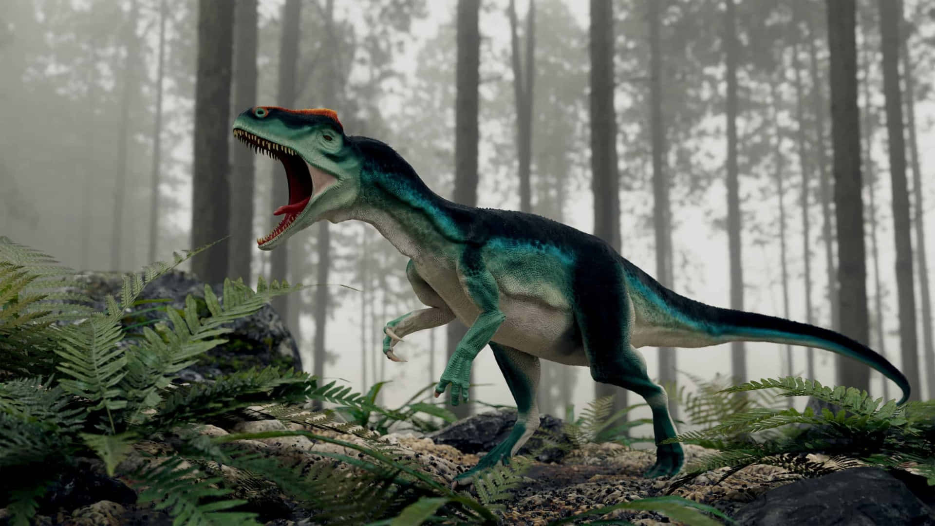 Allosaurus, teal and black, red crest, Full HD Desktop Wallpaper