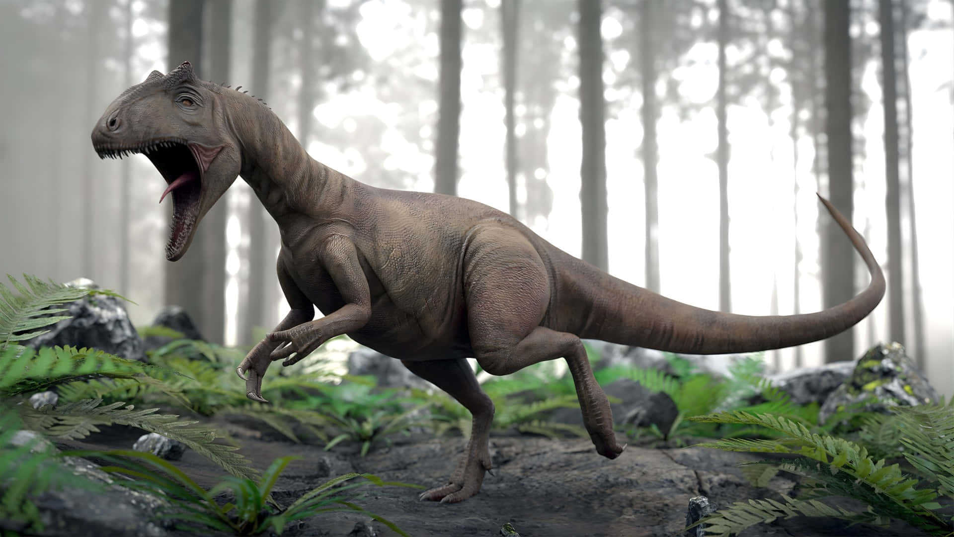 Allosaurus, forest habitat, mist, Full HD Desktop Wallpaper