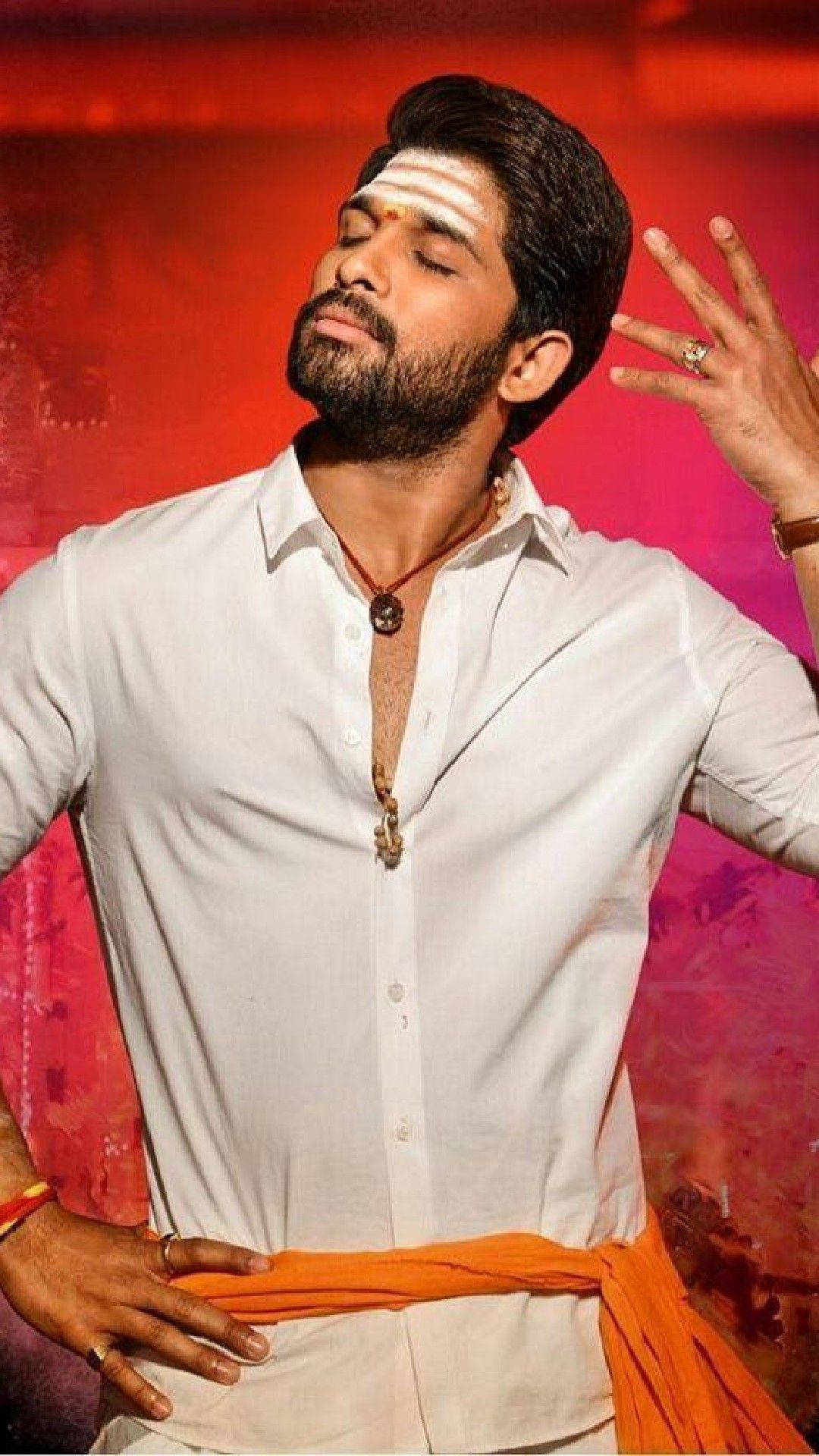 Allu Arjun, white shirt, orange sash, Full HD Phone Wallpaper