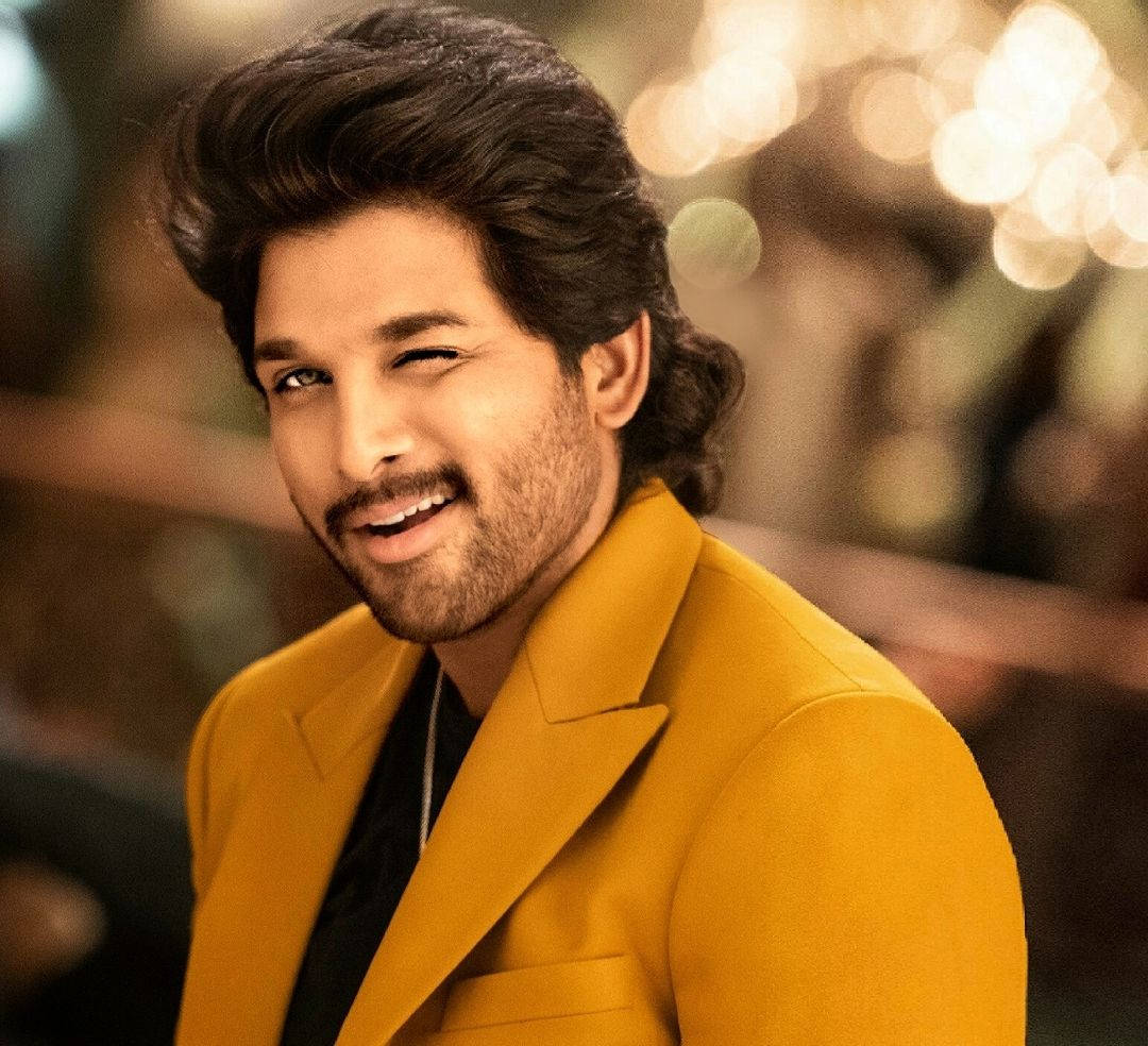 Allu Arjun, winking, vibrant yellow blazer, SD Desktop Wallpaper