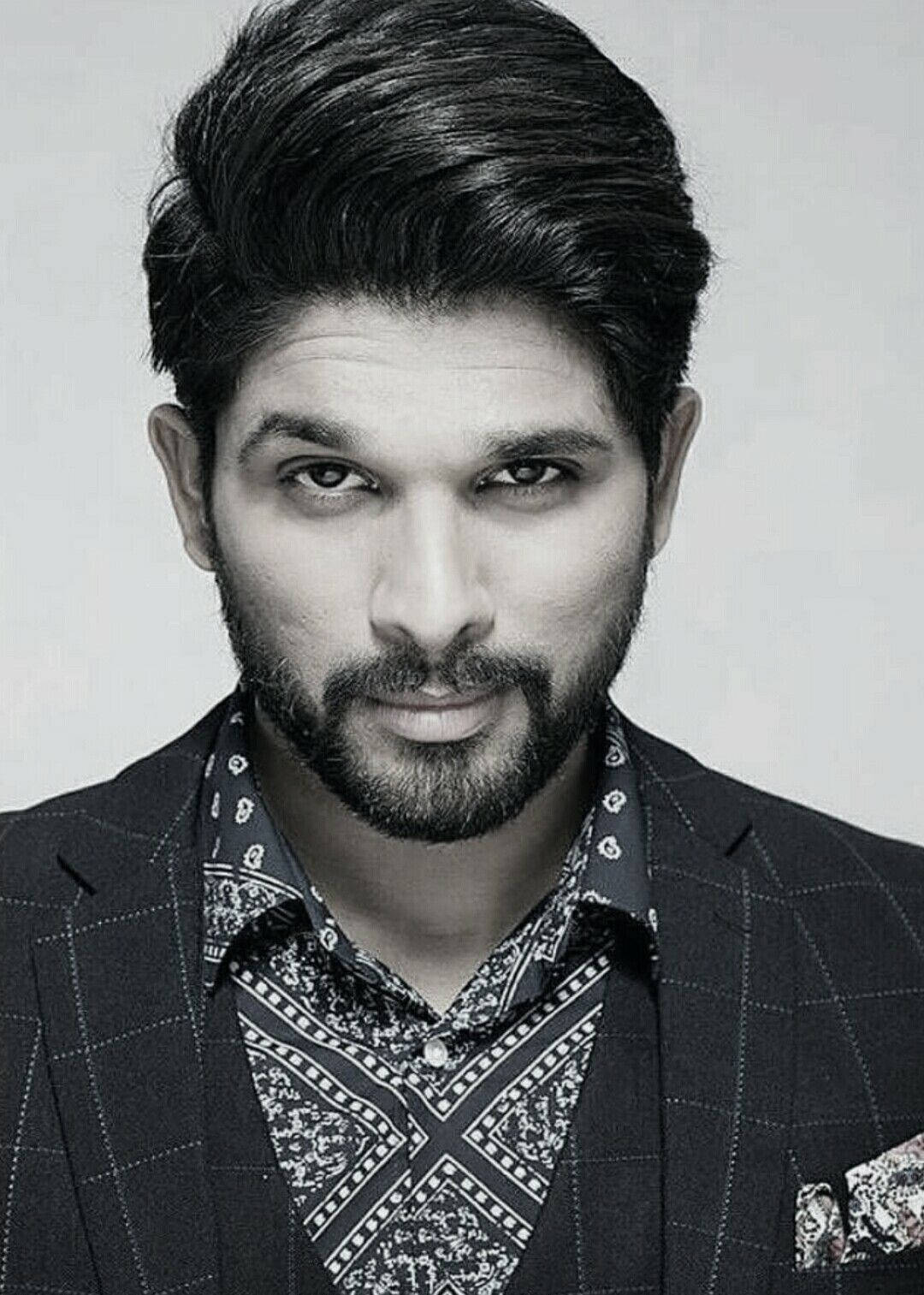 Allu Arjun, black and white portrait, styled hair, HD Phone Wallpaper
