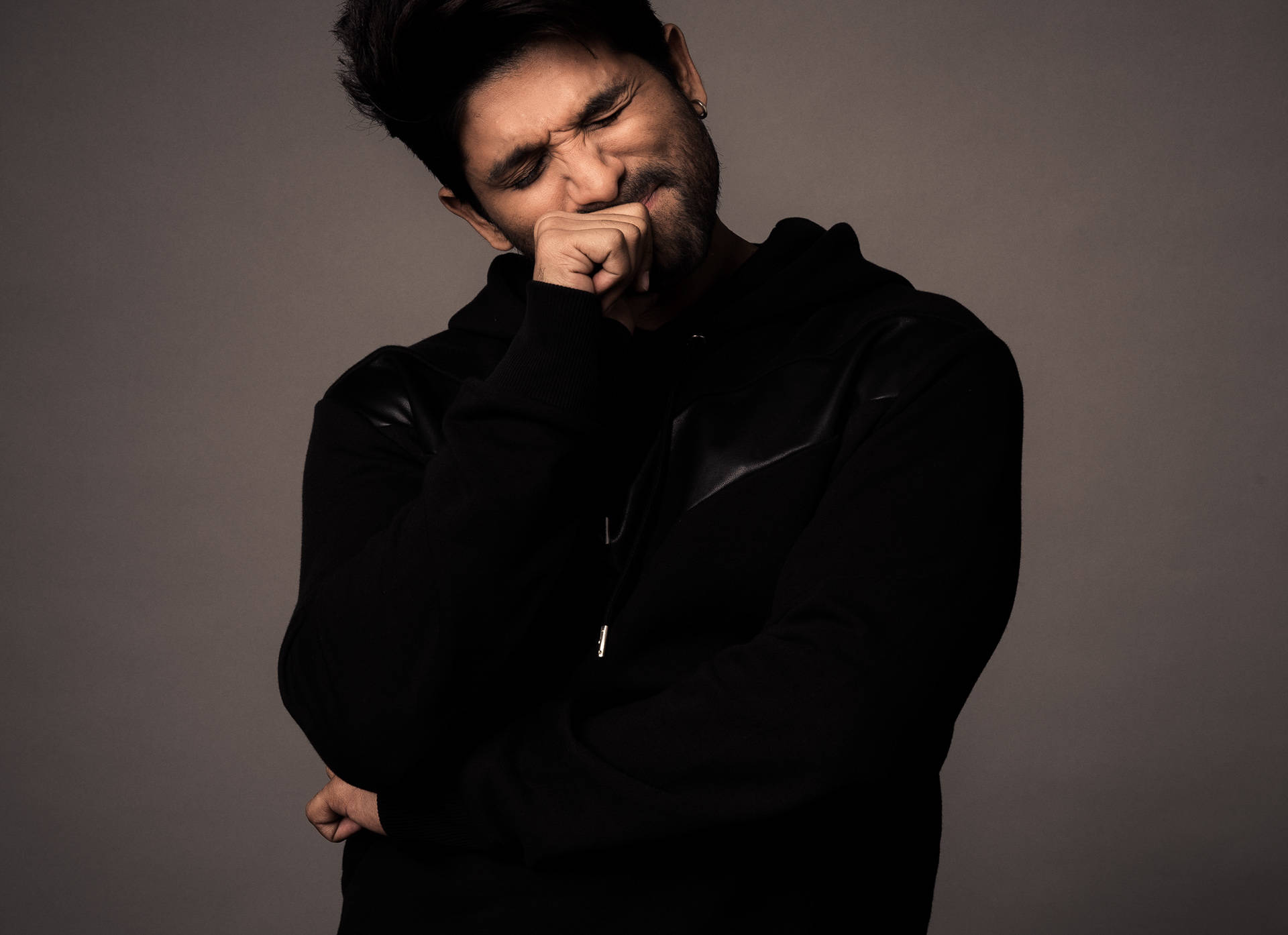 Allu Arjun, black hoodie, muted gray background, Full HD Desktop Wallpaper
