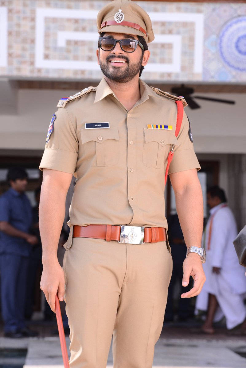 Allu Arjun, khaki police uniform, sunglasses, SD Phone Wallpaper