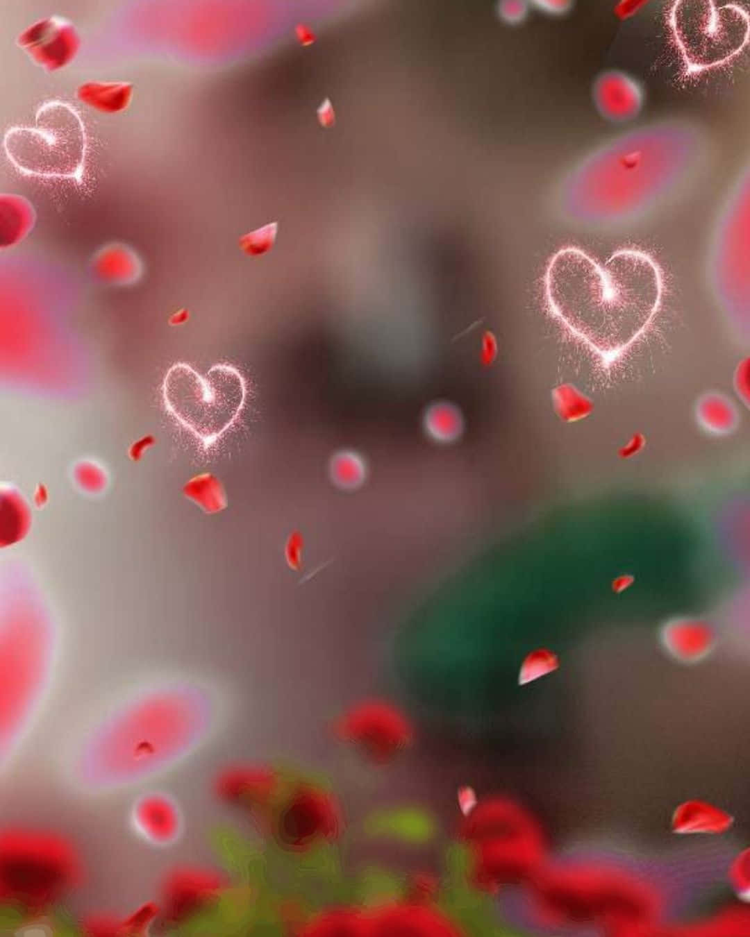 Woman in Red Elegance, glowing heart outlines, floating red rose petals, HD Phone Wallpaper