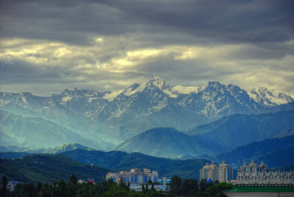Almaty, snowcapped mountains, layered green hills, SD Desktop Wallpaper
