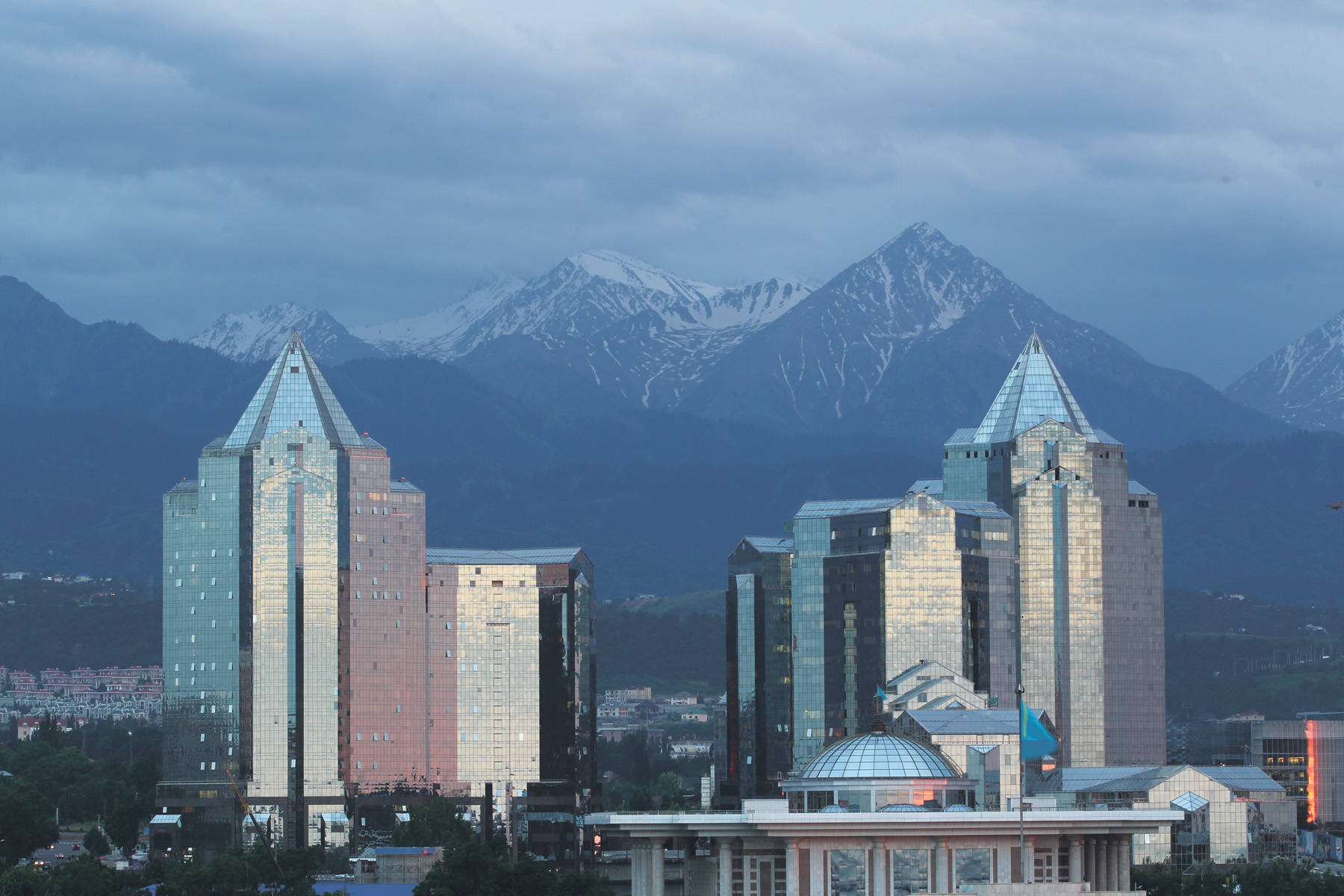 Almaty, snow-capped mountains, cloudy sky, HD Desktop Wallpaper